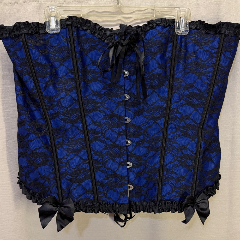 Unbranded Blue Satin Lace Black Bustier Adjustable Lace Up Sexy Corset Sz 6XL